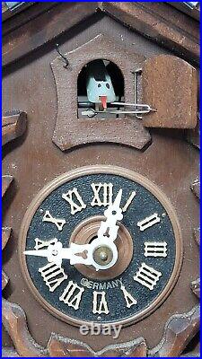 2 Vtg Antique German Carved Wood Cookoo Wall Clock Lot Set Wooden West Germany
