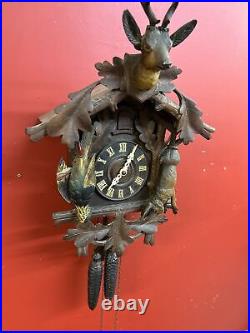 Antique Black Forest Cuckoo Clock Hand-Carved Deer, Rabbit, Pheasant