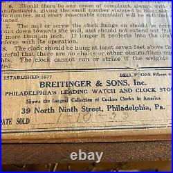 Antique Breitinger Sons Cuckoo Clock Philadelphia Pa Deer Forest American Repair