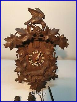 Antique Carved Black Forest German 8 day Cuckoo Clock Fox and Bird