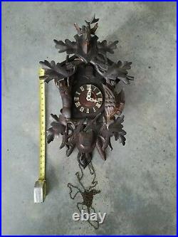 Antique Carved Wood Black Forest Cuckoo Clock Deer Gun Rabbit Motif Hunter