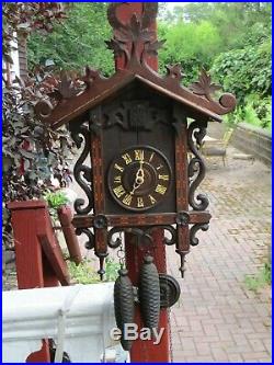 Antique Circa 1900 Bahnhausle Cuckoo Clock with Wood Inlay Black Forest