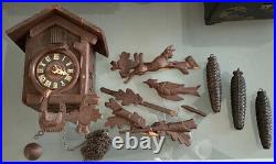 Antique German Cuckoo Clock Forest Rabbit Rifle Cast Iron PineCones Hand Crafted