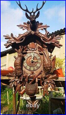 Antique Swiss Made J. Huggler Carved Cuckoo Clock With Moving Birds