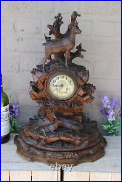 Antique Swiss XL black forest wood carved deer animal hunt cabin clock
