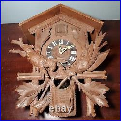 Antique Wooden Cuckoo Clock with Carved Rabbit & Bird