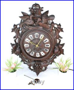 Antique black forest wood carved wall clock birds 19thc