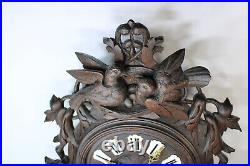 Antique black forest wood carved wall clock birds 19thc