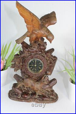 Antique german wood carved black forest mantel clock deer eagle