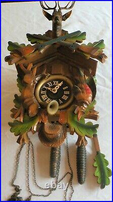 Backmaier & Klemmer PAINTED WOOD HUNTER CUCKOO CLOCK Complete U. S. ZONE GERMANY
