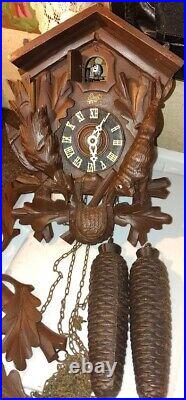 Black Forest Cuckoo Clock German Hunter Carved Wall Vtg Repair Working Or Parts