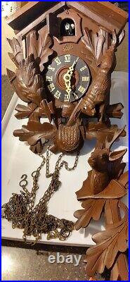 Black Forest Cuckoo Clock German Hunter Carved Wall Vtg Repair Working Or Parts