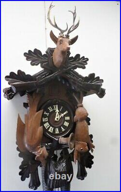 Breathtaking German Black Forest Large Hunter Deer 8 Day Carved Cuckoo Clock