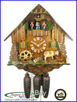 Cuckoo Clock Black Forest House Cow and Mill Wheel 8-Day Movement with Music New