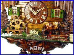Cuckoo Clock Black Forest House Cow and Mill Wheel 8-Day Movement with Music New