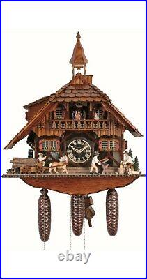 Cuckoo Clock Black Forest house with 2 moving wood choppers. SC 8TMT 1595/9 NEW