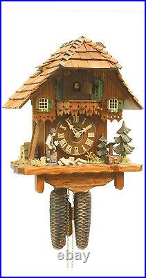 Cuckoo Clock Black Forest house with moving wood chopper RH 3467 NEW