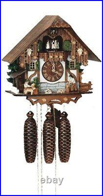 Cuckoo Clock Black Forest house with moving wood chopper. SC 8TMT 6407/10 NEW