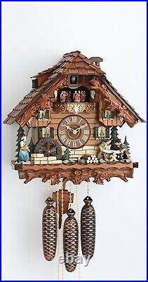 Cuckoo Clock Black Forest house with moving wood chopper and mil. KA 3734/8 NEW