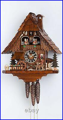 Cuckoo Clock Black Forest house with moving wood chopper and mill. HO 6266T NEW