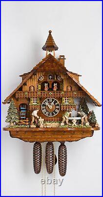 Cuckoo Clock Black Forest house with moving wood chopper, mill w. HO 86275T NEW