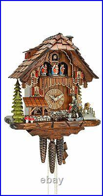 Cuckoo Clock Black Forest house with moving wood clock peddler. KA 3629 EX NEW
