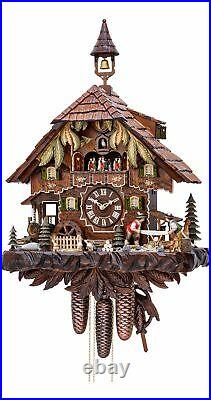 Cuckoo Clock Black Forest house with moving wood sawers and m. KA 3751/8 EX NEW