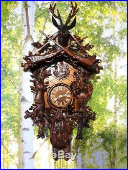 Cuckoo clock black forest 8 day german wood hunter carved mechanical new