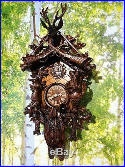Cuckoo clock black forest 8 day german wood hunter carved mechanical new