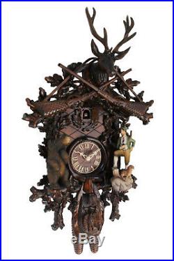 Cuckoo clock german black forest 8 day original bear hunter wood painted new