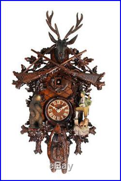 Cuckoo clock german black forest 8 day original bear hunter wood painted new