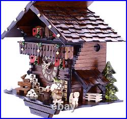 Eight Day Chalet Cuckoo Clock with Carved Deer, Dog, and Beer Drinker Drinking B