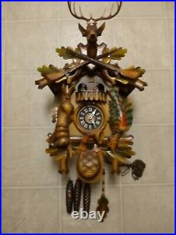 German Black Forest Carved Wood Painted Cuckoo Hunter Clock