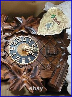German Black Forest Cuckoo Clock with Five Leaf One Bird 13 Walnut Stain