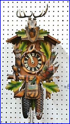 German Black Forest Cuckoo Hunter Clock Painted Carved Wood Vintage Rustic Decor