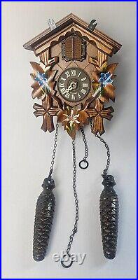 German Cuckoo Clock Engstler Carved Wood READ Painted Flowers Leaf Cross Works