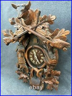 German black forest cuckoo clock woodwork working condition hunting bird deer