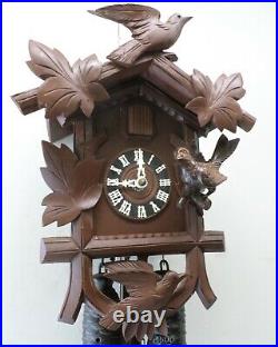 Gorgeous German 8 Day Black Forest Unusual 3 Bird Hand Carved Wood Cuckoo Clock