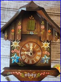 Herbert Herr Cuckoo Clock Black Forest, Hand Painted Blue Flowers, Original Tag