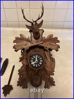 Hubert Herr Cuckoo Clock Carved 1 Day Hunting Style Rifles Rabbit Pheasant 30cm