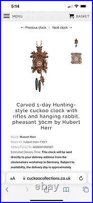Hubert Herr Cuckoo Clock Carved 1 Day Hunting Style Rifles Rabbit Pheasant 30cm