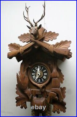 Impressive Large German Black Forest 8 Day Hunter Deer Hand Carved Cuckoo Clock