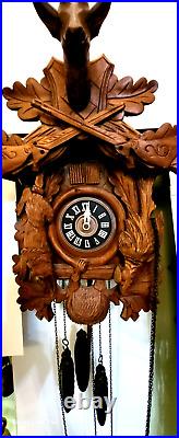 Large Antique Working German Black Forest Deep Carved Hunter Deer Cuckoo Clock