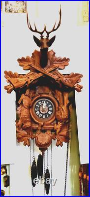 Large Antique Working German Black Forest Deep Carved Hunter Deer Cuckoo Clock