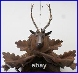Large German Black Forest 8 Day Hunter Deer Hand Carved Rustic Cuckoo Clock