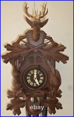 Large Old German Black Forest Hunter Deer Musical Rigoletto Carved Cuckoo Clock