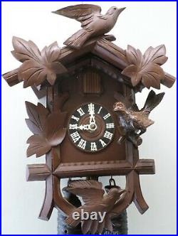 Large Unusual German 8 Day Black Forest 3 Bird Deeply Carved Wood Cuckoo Clock