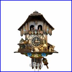NEW 11 ENGSTLER Cuckoo Clock Black Forest House DOG CAT WOOD CHOPPER GERMANY