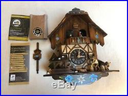 NEW 11 ENGSTLER Cuckoo Clock Black Forest House DOG CAT WOOD CHOPPER GERMANY