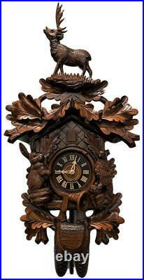NOS Vintage Germany Cuckoo Black Forest Carved Wood Figural Hunting Wall Clock